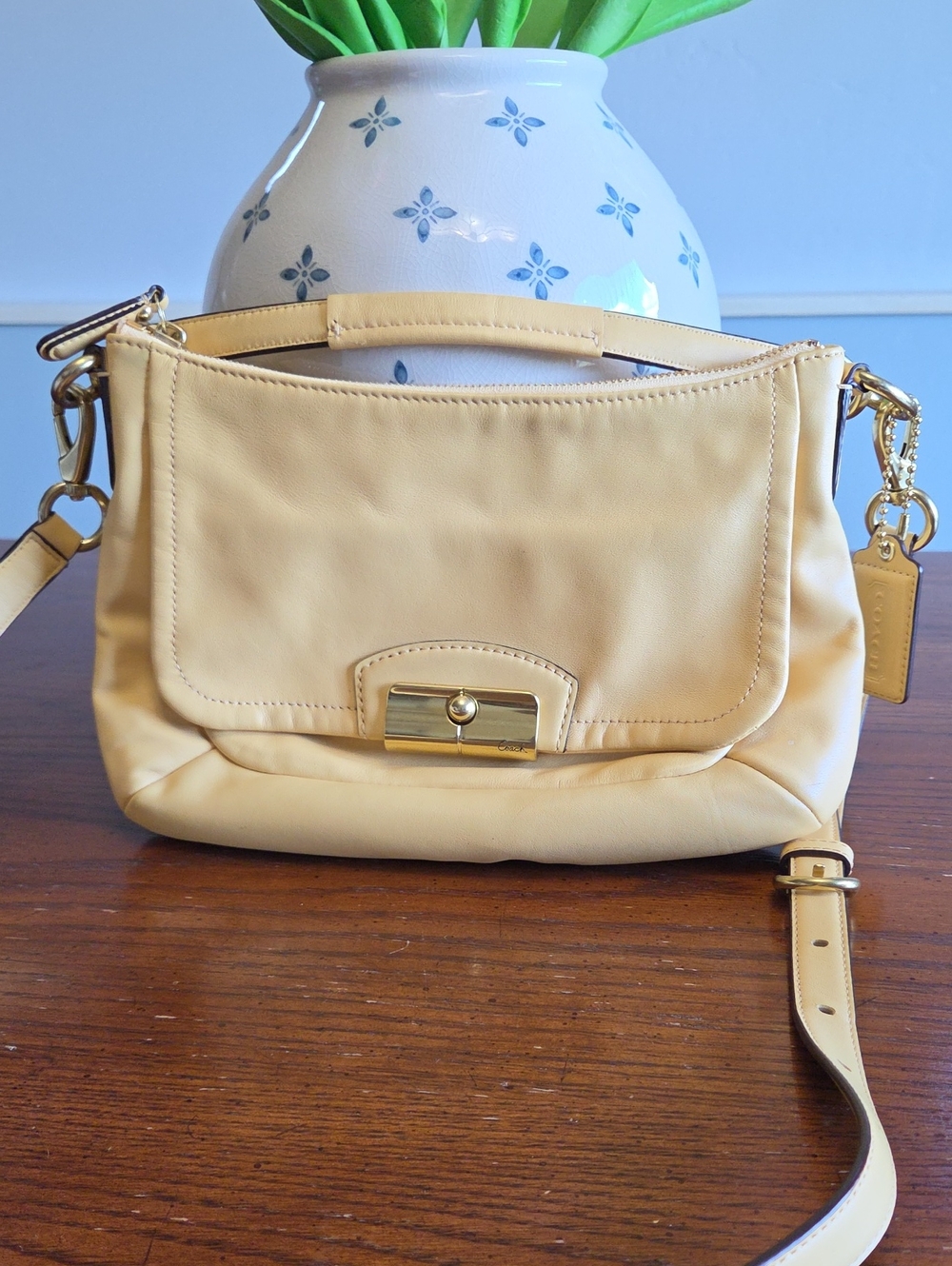 Coach Kristen Buttercup Yellow Leather Shoulder Bag with Gold Hardware